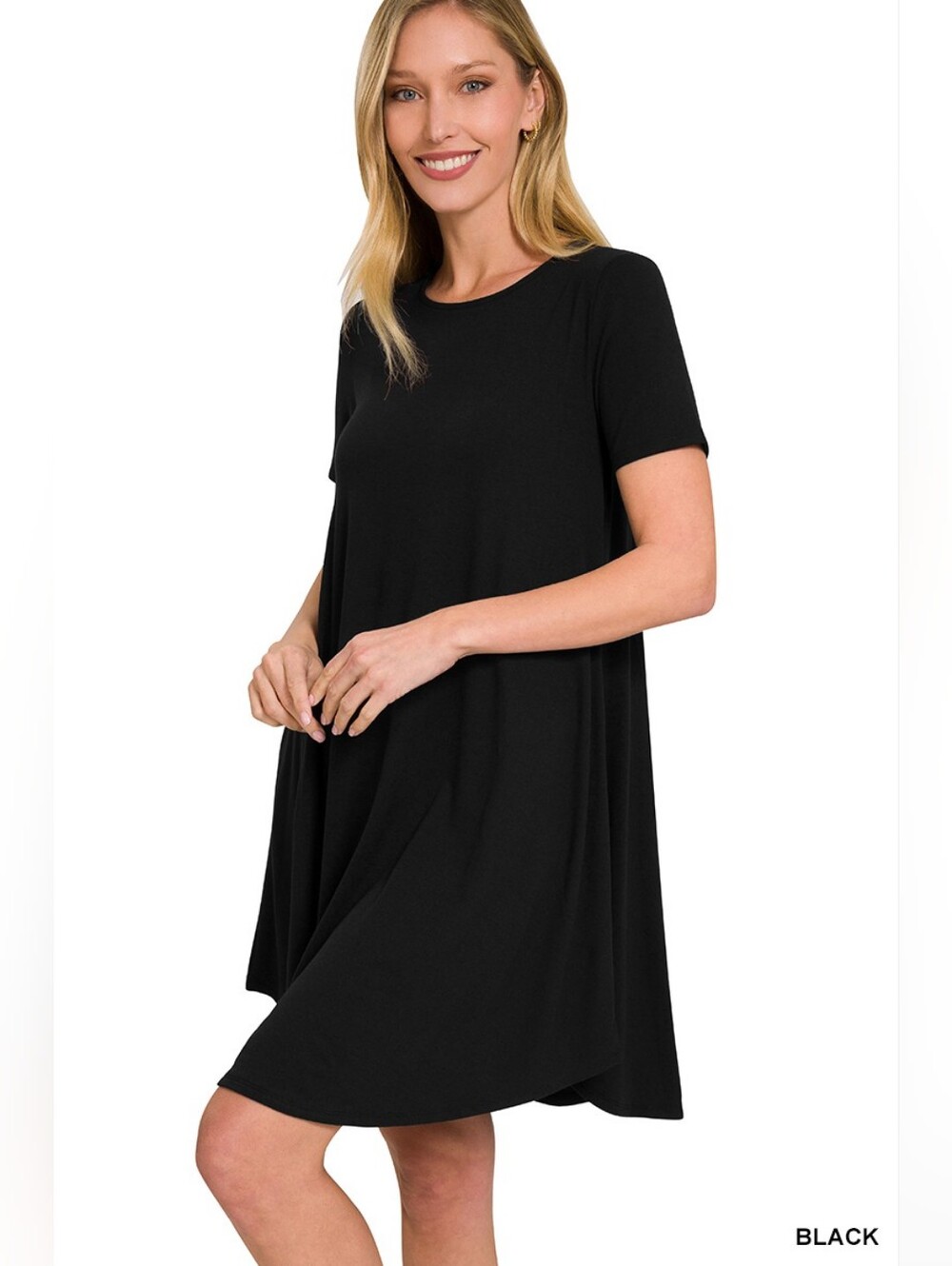 Zenana Short Sleeve Round Hem A-Line Dress with Side Pockets- Fast Shipping !! - Picture 2 of 5
